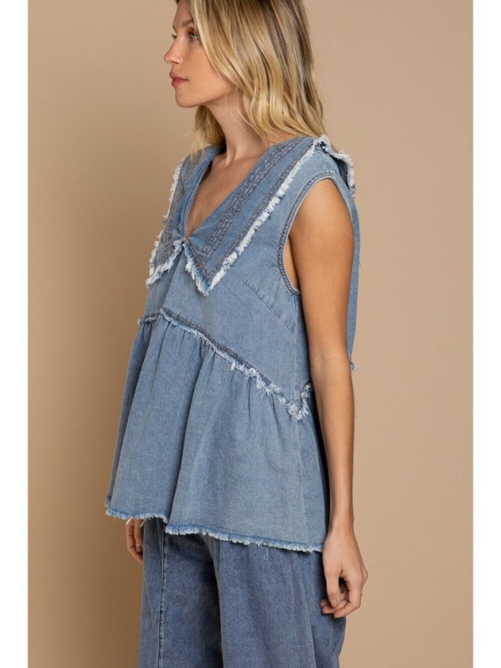 POL FWT134 Plus Sizes Denim Blue Babydoll Tank NWT Sleeveless V Neck Boho Top - Picture 4 of 5
